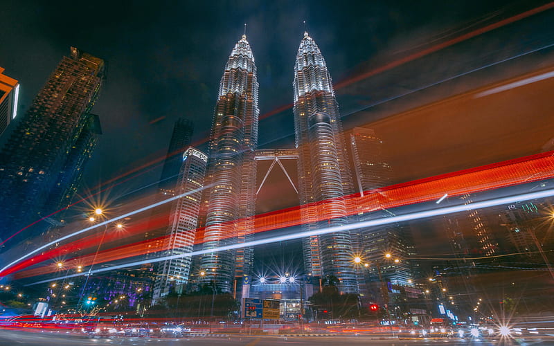 Petronas Towers, traffic lights, skyscrapers, Kuala Lumpur, Malaysia, night, Asia, Petronas Towers at evening, HD wallpaper