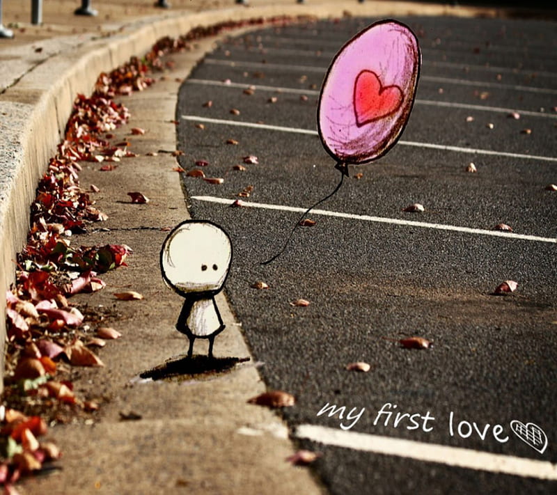 My First Love, alone, balloon, emo, heart, lonely, path, road, sad, sayings, HD wallpaper