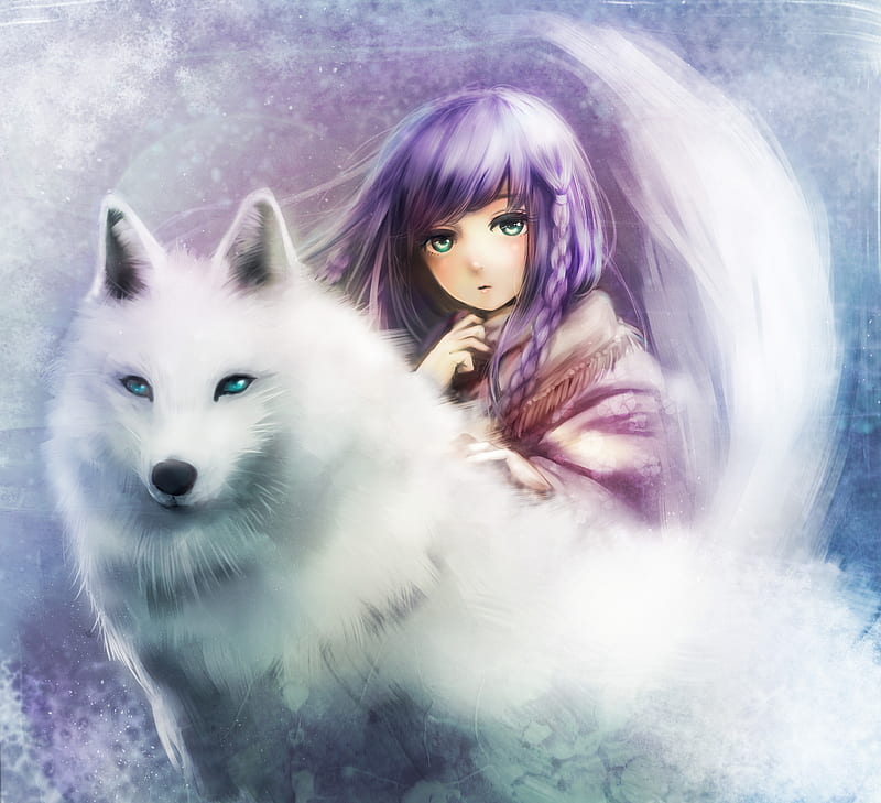 Wolf ..., pretty, tails, bonito, adorable, animal, sweet, nice, anime, beauty, anime girl, furs, female, lovely, purple hair, plain, cute, kawaii, girl, fox, purple, simple, wolf, white, HD wallpaper