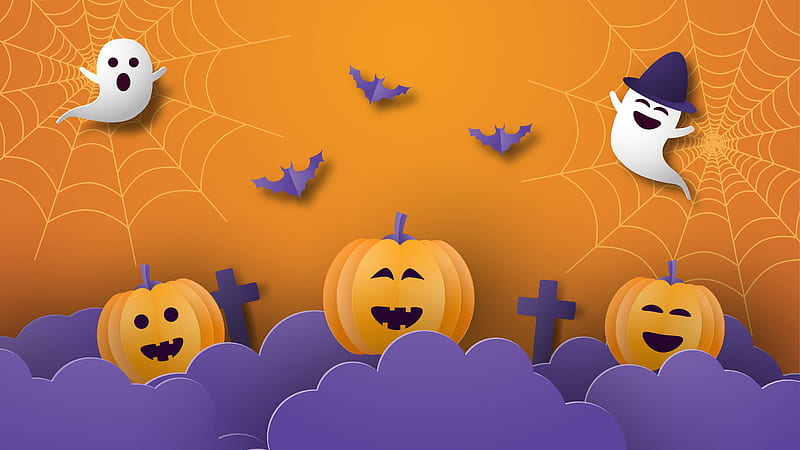 Happy Ghosts Spider Bats Pumpkins Cross Orange Background Cute Halloween, HD wallpaper