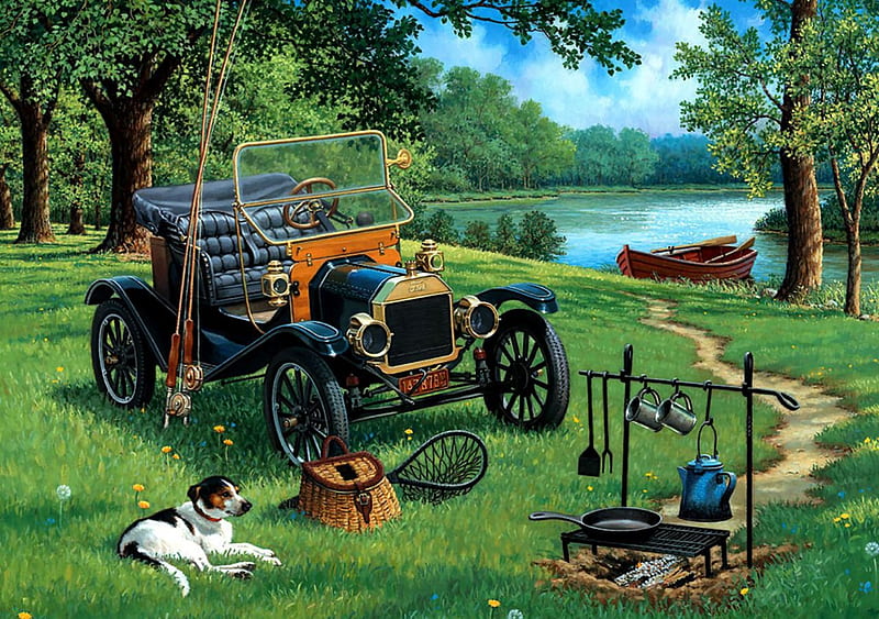 Lakeside Campsite F2Cmp, art, camp, lake, artwork, canine, animal, pet, water, antique, car, painting, auto, wide screen, dog, HD wallpaper