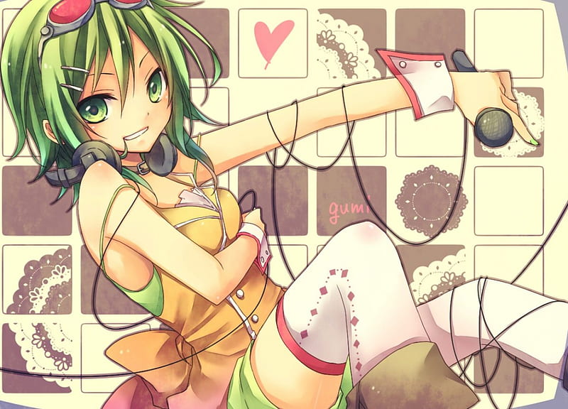 Ready To Jam!!, goggles, vocaloid, microphone, anime, green eyes, headphones, gumi, green hair, HD wallpaper
