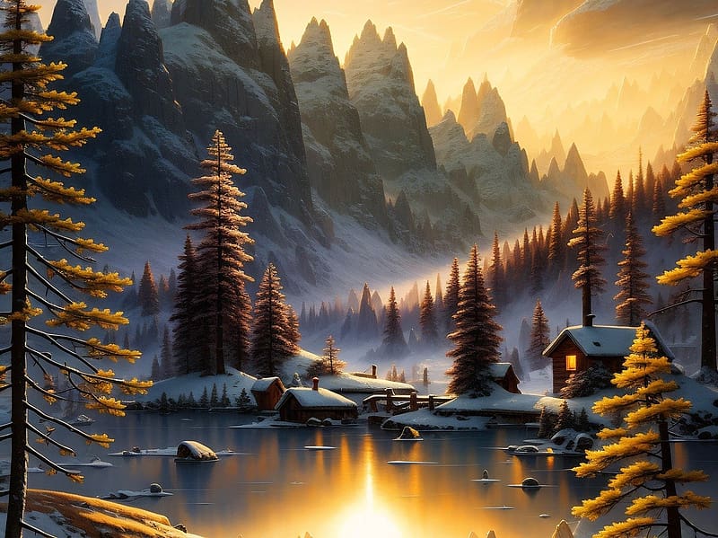 Winter landscape in the mountains, este, teli, termeszet, hazak, ho, hegyek, tavak, napnyugta, fenyofa, egbolt, HD wallpaper