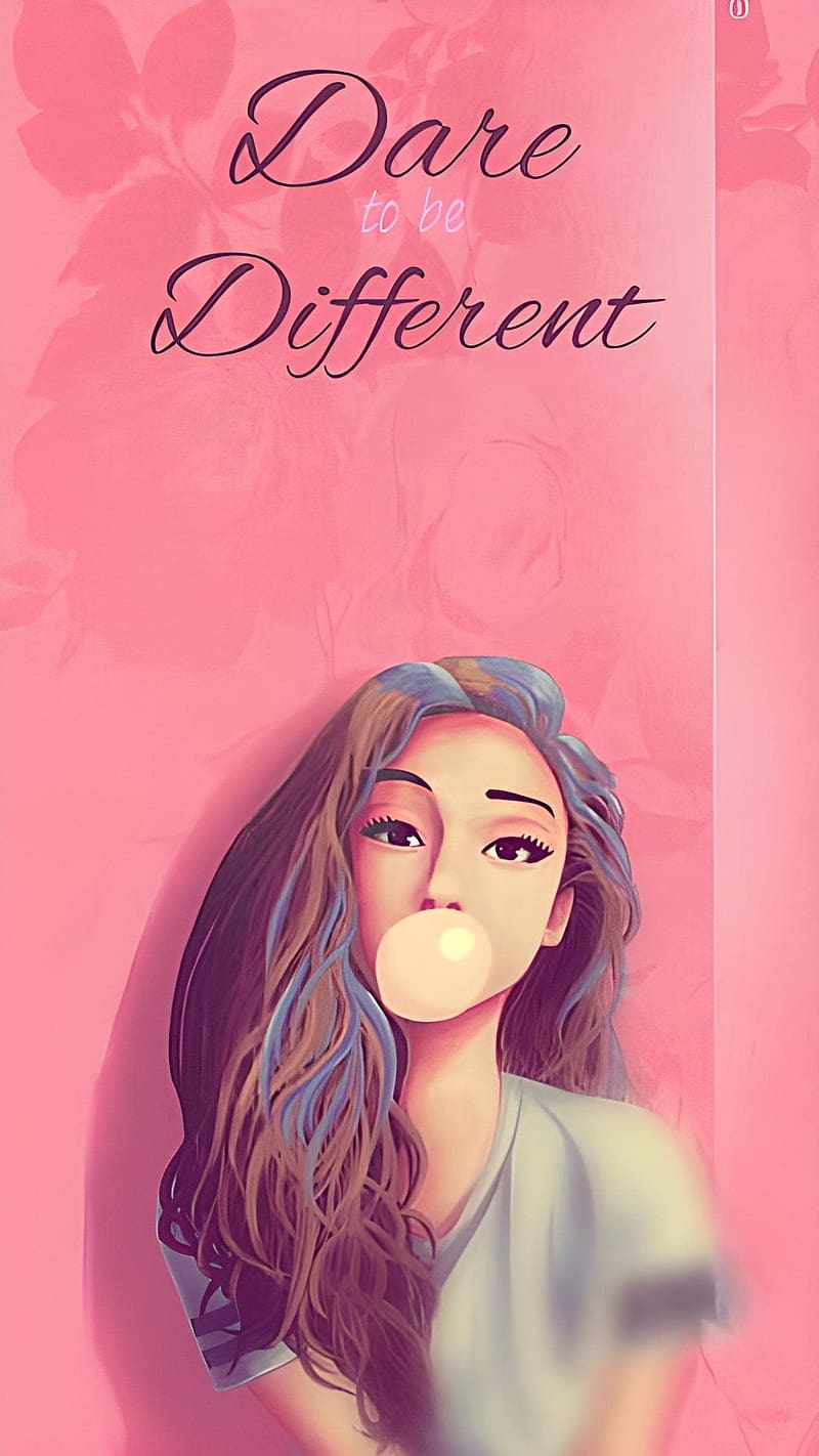 Attitude Girl, Dare To Be Different, pink background, cartoon art ...