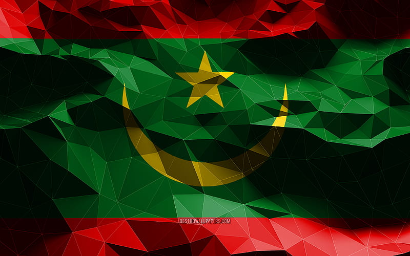 Mauritanian flag, low poly art, African countries, national symbols, Flag of Mauritania, 3D flags, Mauritania, Africa, Mauritania 3D flag, Mauritania flag, HD wallpaper