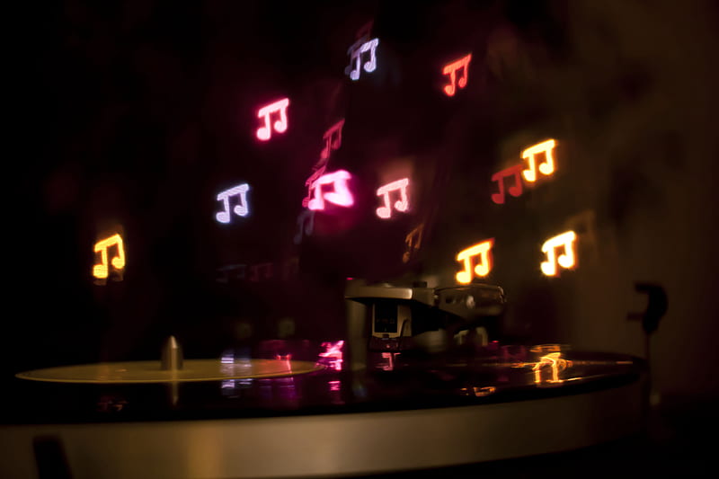 vinyl, record, record player, needle, notes, lights, glow, HD wallpaper