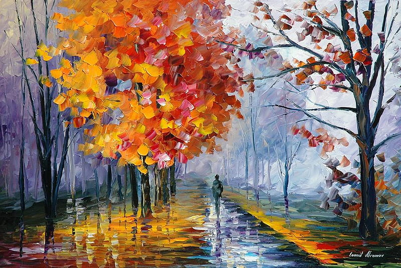 Leonid Afremov - October fog, red, art, autumn, orange, colors, man, park, fog, leaf, tree, ride, painting, walk, leonid afremov, october, HD wallpaper