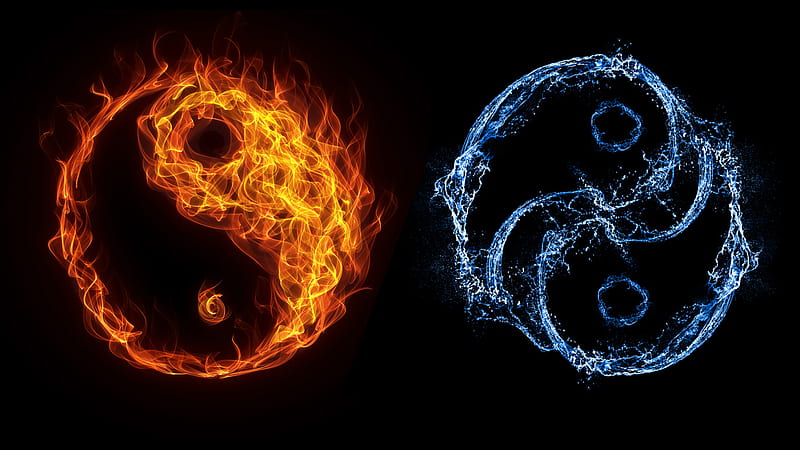 Yin and Yang - Fire and Water, yang, female, male, harmone, man, woman, yin, elements, energy, fire, water, flames, chinese, HD wallpaper