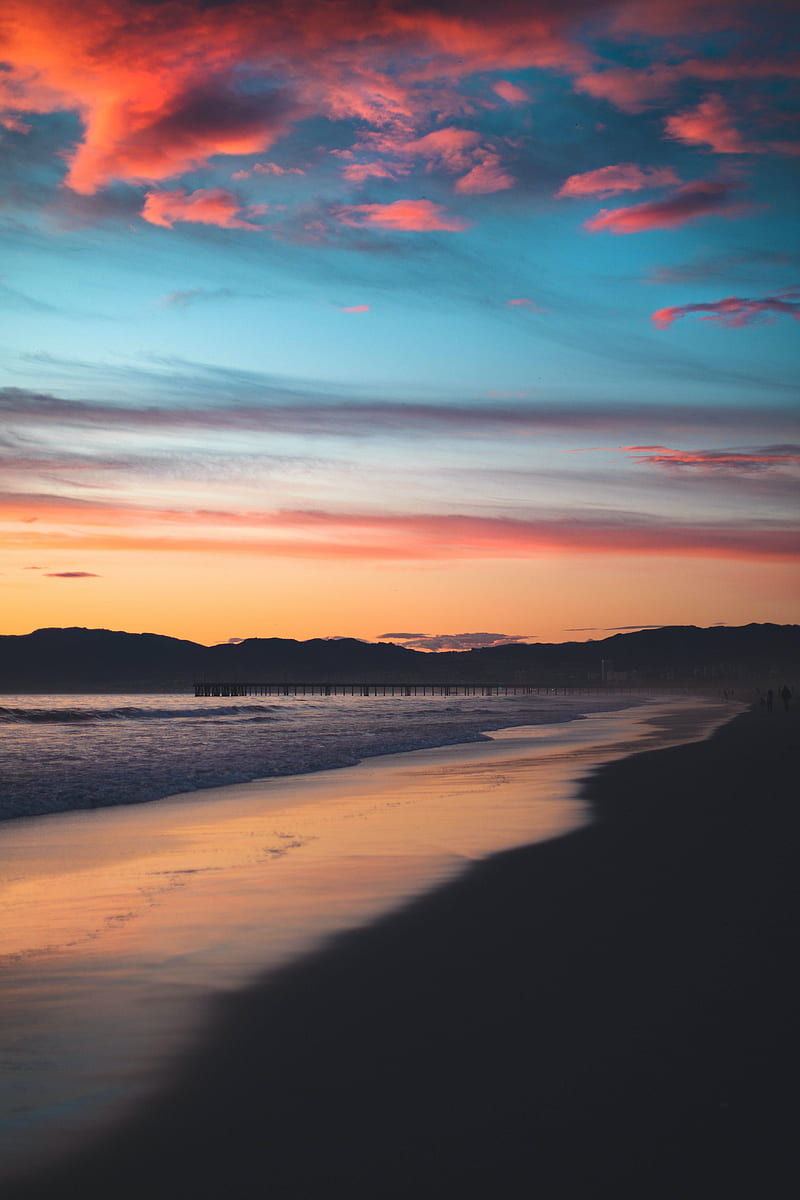 beach, mountains, sunset, shore, HD phone wallpaper