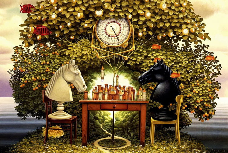 Chess Players, table, chairs, blossoms, clock, funny, horses, HD wallpaper