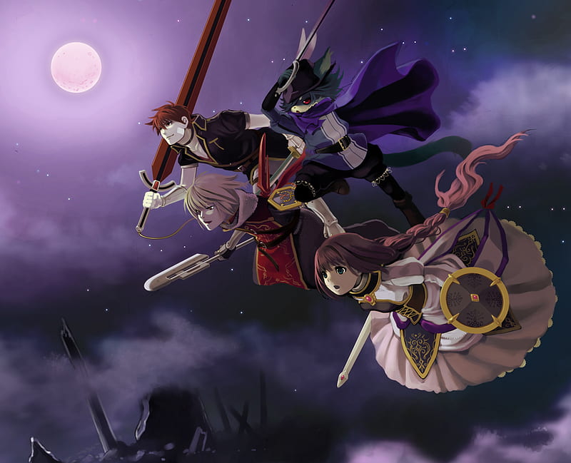 anime, shield, sky, charge, group, nice, cool, warrior, purple, party, moonlight, team, night, HD wallpaper