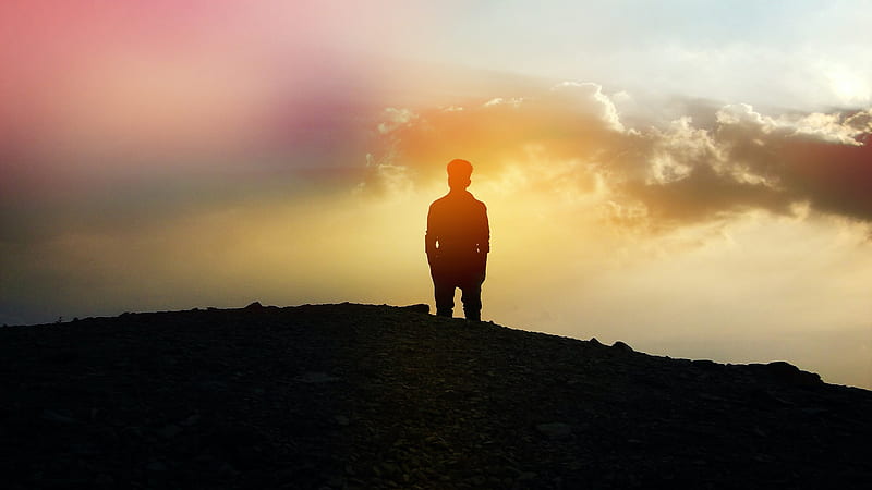 Silhouette Of Person Is Standing On Hill Alone, HD wallpaper