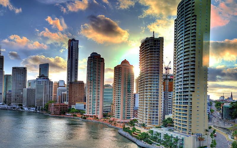 Brisbane sunset, buildings, Queensland, Australia, HD wallpaper