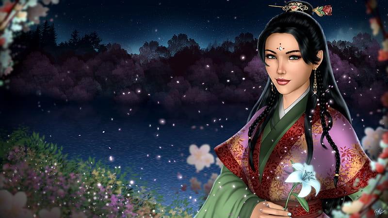 Ren Xiang (OC), Wuxia, stars, oc, sky, trees, water, fantasy, Xianxia, girl, lily, flowers, digital, painting, HD wallpaper