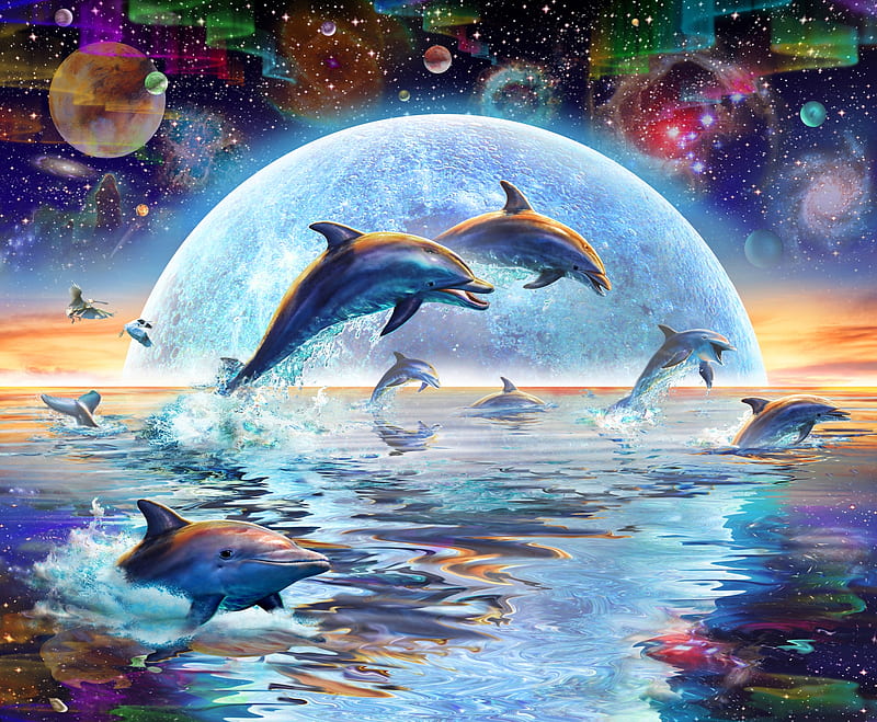 Dolphins by moonlight, luminos, moon, sea, dolphin, fantasy, moon, water, adrian chesterman, reflection, blue, HD wallpaper