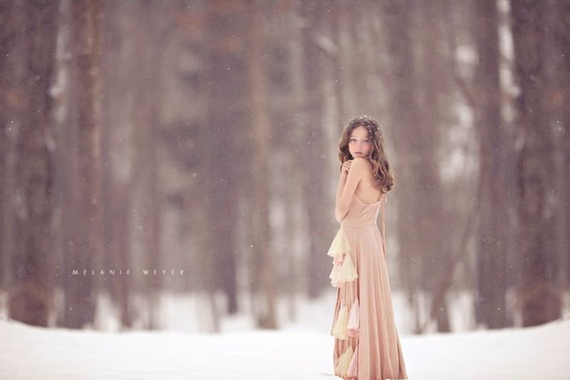 Brave, forest, trees, winter, low-cut dress, girl, femininity, snow, beauty, HD wallpaper
