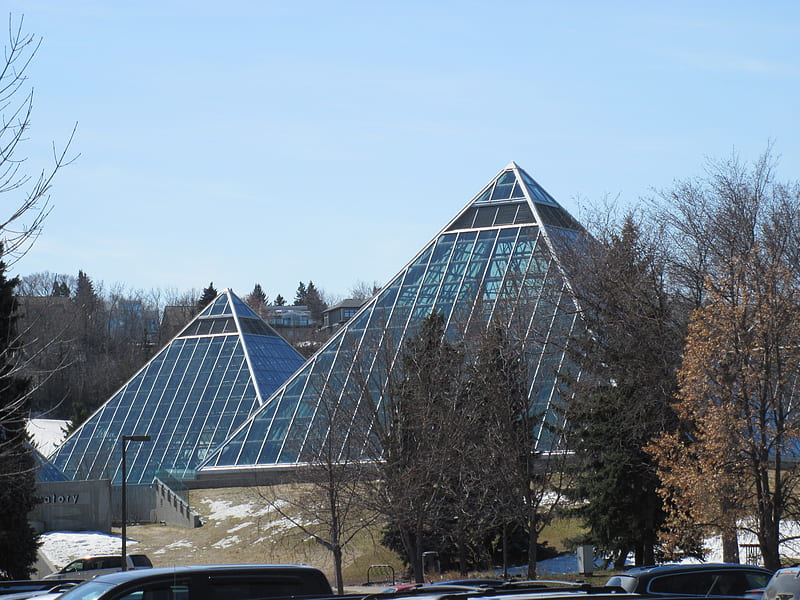 The pyramids of Alberta, glass, graphy, Sky, snow, pyramids, trees, blue, HD wallpaper