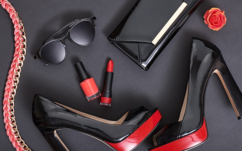Accesories, sunglasses, red, black, stuff, woman, lipstick, shoes, HD wallpaper