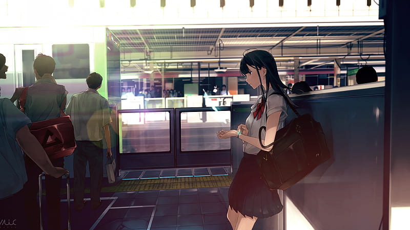 anime school girl, train station, people, crowd, profile view, black hair, Animal, HD wallpaper