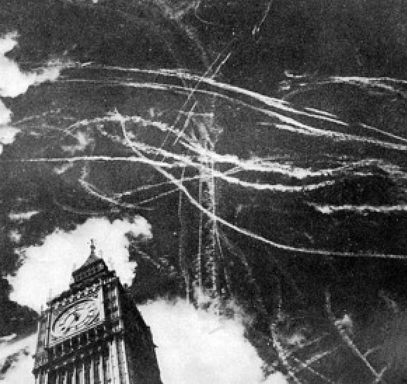 Contrails above London, WW2, Big Ben Clock, Aircraft, HD wallpaper