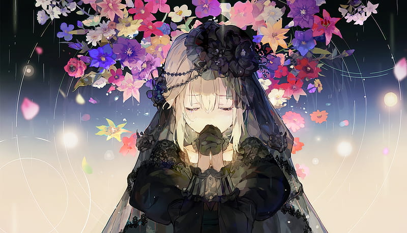 gothic anime girl, crying, sadness, tears, black dress, headdress, lolita, Anime, HD wallpaper