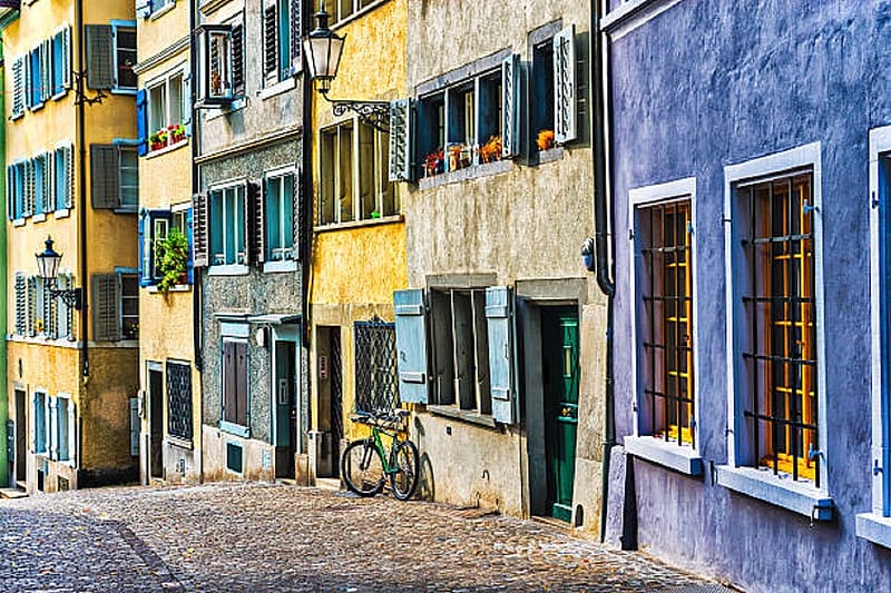 Old Town Zurich, buildings, coloured, two, four floors, cobled streets, three, HD wallpaper