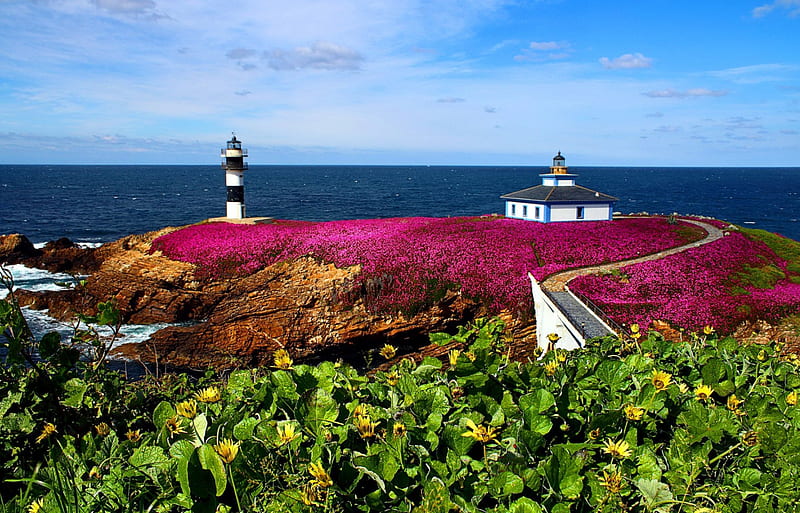 Pancha island lighthouse-Galicia, Spain, lovely, view, grass, bonito, sky, Spain, clouds, lighthouse, sea, nice, water, summer, flowers, nature, horizons, island, HD wallpaper