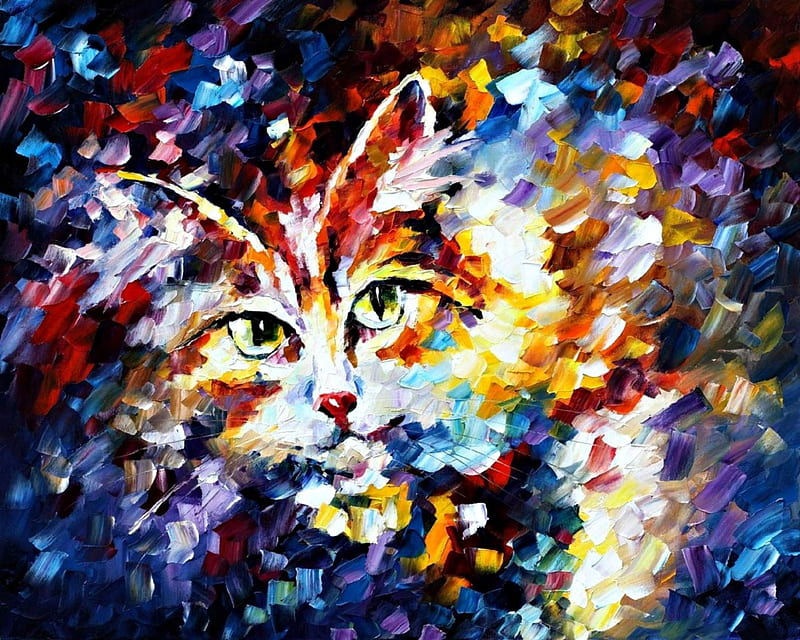 Cat, colorful, art, luminos, rainbow, abstract, animal, texture, painting, leonid afremov, pictura, pisica, HD wallpaper