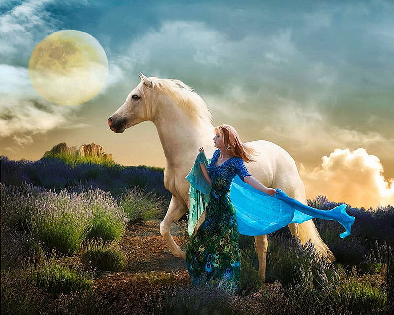 Lady in Blue, art, rocks, moon, girl, lavender, horse, clouds, sky, digital, HD wallpaper