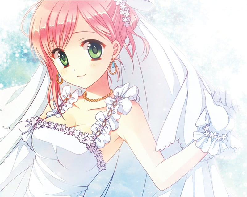 Anime Bride, dress, veil, green eyes, bride, anime, hot, anime girl, long hair, wed, female, gown, smile, sexy, wedding, happy, cute, girl, pink hair, white, HD wallpaper