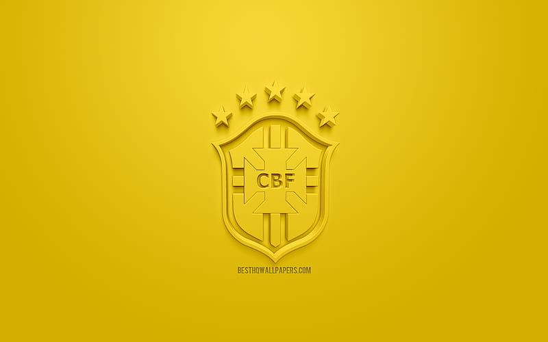 Brazil national football team, creative 3D logo, yellow background, 3d emblem, Brazil, CONMEBOL, 3d art, football, stylish 3d logo, HD wallpaper