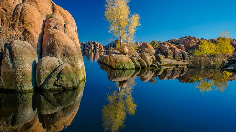 Watson Lake, Arizona, reflections, landscape, trees, autumn, rocks, water, usa, HD wallpaper