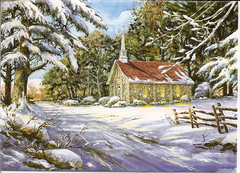 winter church, fence, steeple, church, trees, winter, HD wallpaper