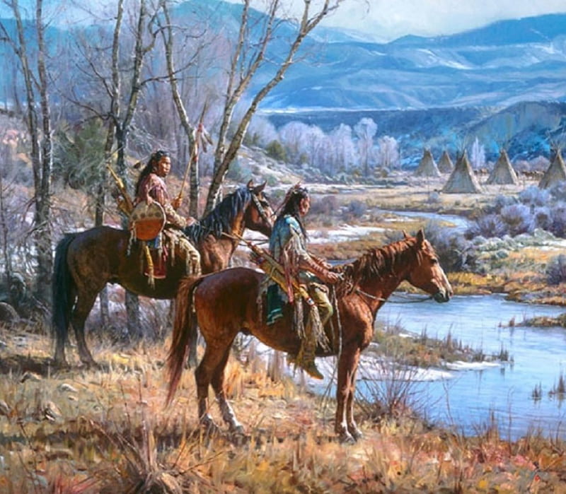 Apsaalooke Sentinels, painting, nature, winter, American Native, HD wallpaper Apsaalooke Sentinels, painting, nature, winter, American Native, HD wallpaper