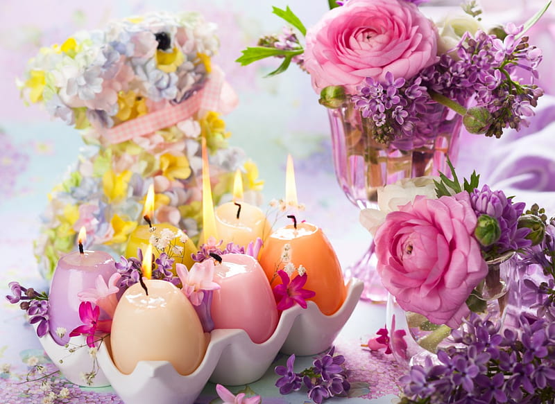 Easter Time, lilac, egg, rose, flowers, spring, easter, candles, HD wallpaper