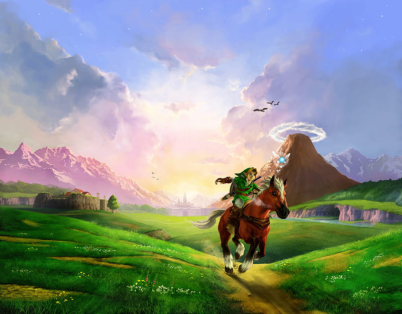 Grass, Sky, Mountain, Bird, Horse, Link, Video Game, Zelda, The Legend Of Zelda: Ocarina Of Time, HD wallpaper
