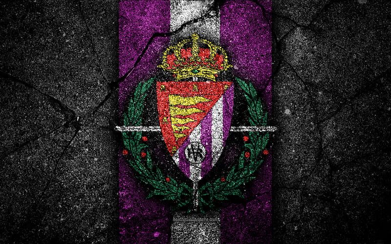 FC Real Valladolid, logo, Segunda Division, soccer, black stone, football club, Spain, Real Valladolid CF, LaLiga2, asphalt texture, Real Valladolid FC, HD wallpaper