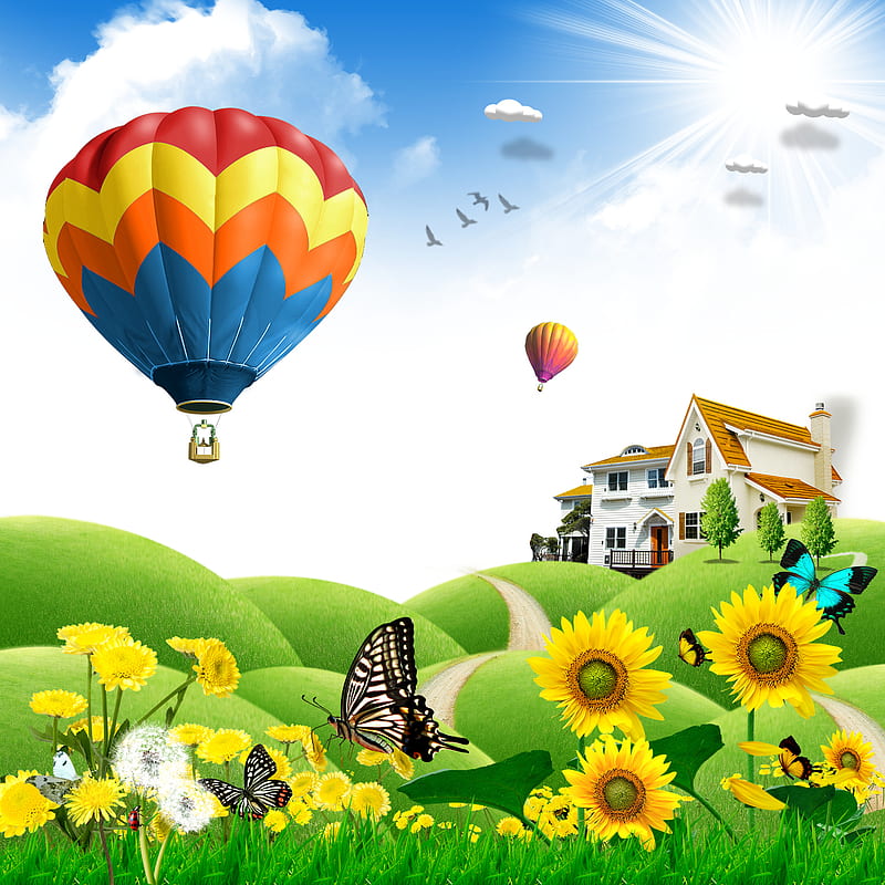 Nature , balloon, bird, birds, cloud, clouds, flower, flowers, house, sun, HD phone wallpaper