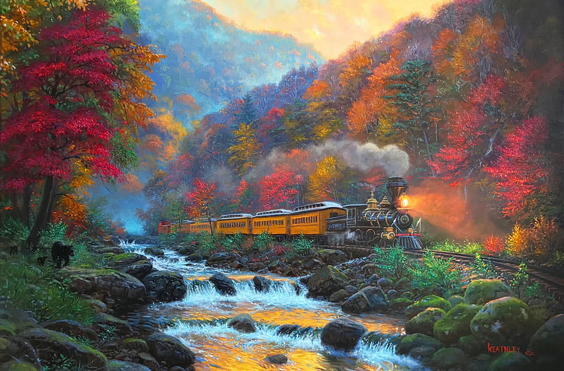 Smoky Morning Train, rocks, autumn, locomotive, colors, steam, train, mountains, painting, smoky mountains, river, HD wallpaper