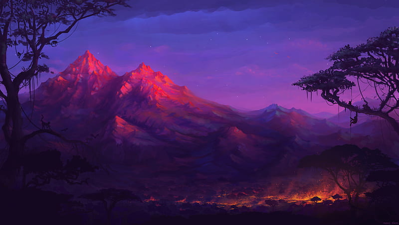 Forest Mountains Colorful Night Trees Fantasy Artwork , fantasy, artist, artwork, colorful, artwork, forest, digital-art, HD wallpaper