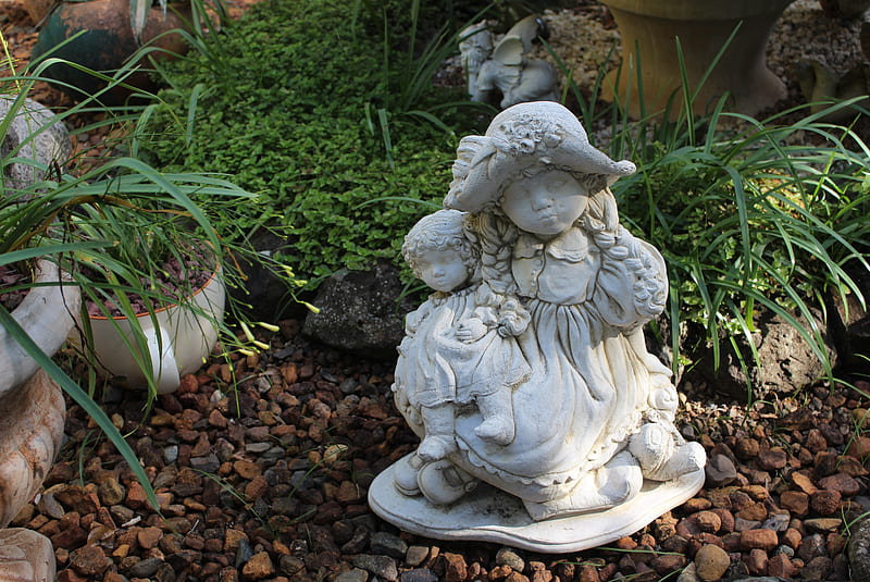 Statue in a garden, cute, pretty, gardening, statue, adorable, concrete, garden statue, HD wallpaper