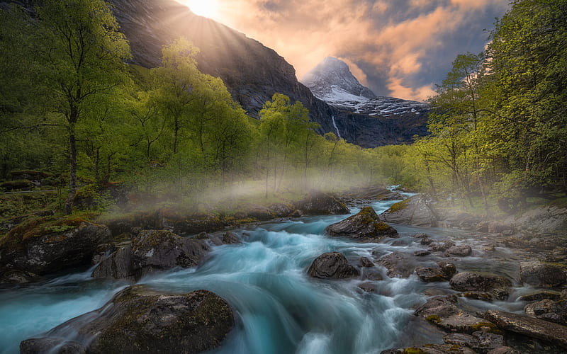 Romsdalen Valley, mountain river, mountain landscape, rocks, forest, morning, sunrise, Norway, HD wallpaper