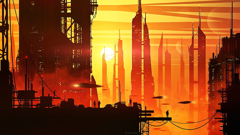 futuristic city, sci-fi, sunset, skyscrapers, spaceships, people silhouette, Fantasy, HD wallpaper