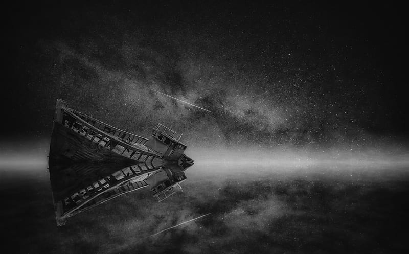 Boat Wreck Mist, Night, Milky Way Galaxy,... Ultra, Black and White, bonito, Night, Mist, Amazing, graphy, England, Composite, Spectacular, Wonderful, stunning, Breathtaking, Wreck, Plymouth, unitedkingdom, milkyway, astrography, remarkable, devon, Dignity, monochromatic, HD wallpaper