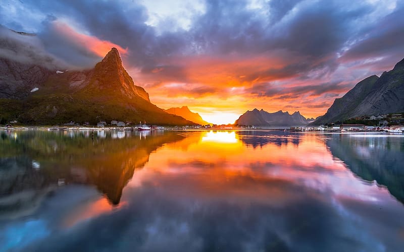 Sunset, Mountain, Lake, , Village, Norway, , Lofoten, Reine, HD wallpaper