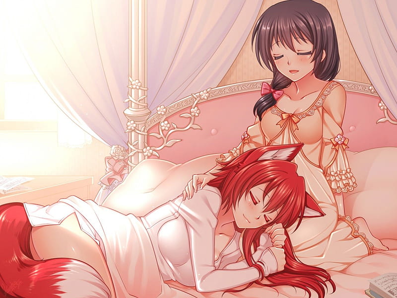 Sleeping neko girl, tail, blush, book, red hair, cat ears, bed, girl, neko girl, long hair, HD wallpaper