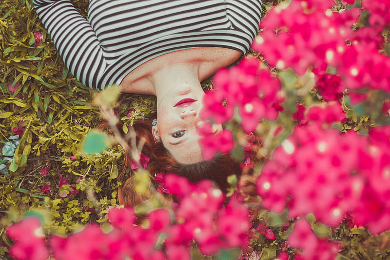 woman in black and white striped top lying on grass, HD wallpaper