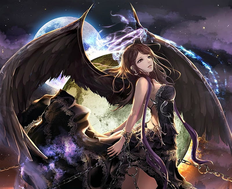 Angel, wings, purple, girl, anime, black, jname, manga, HD wallpaper
