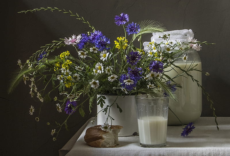Still Life, flower, glass, vase, milk, HD wallpaper