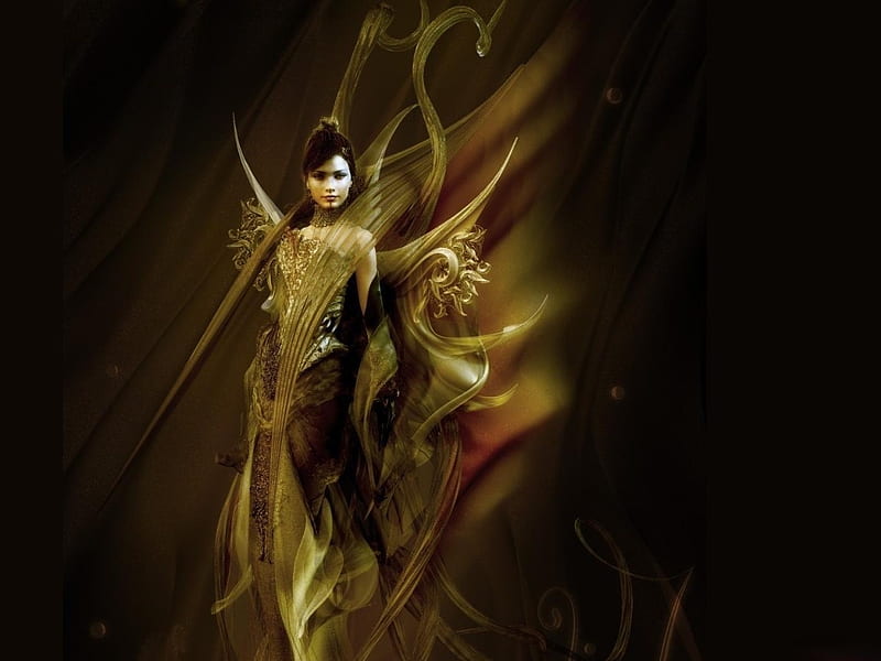 Fantasy Lady In Golden Outfit, pretty, gold, mysterious, lady, HD wallpaper